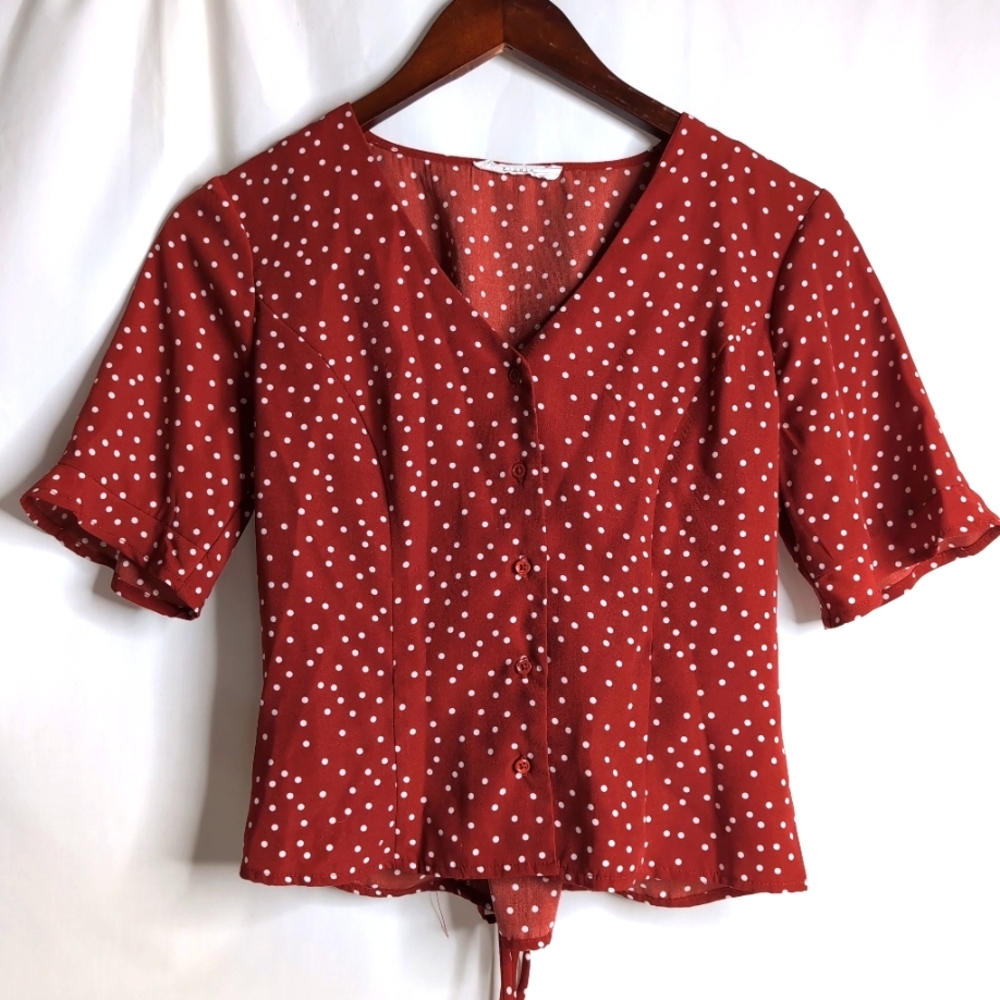 Nordstrom Rack Elodie Red Romantic Polka Dot  Blouse with Adjustable Tie, Size S